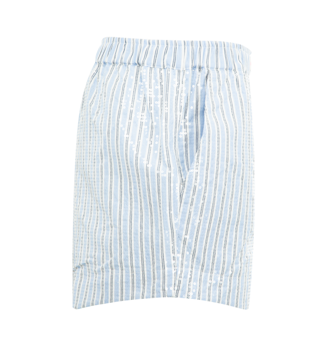 Image 3 of 3 - BLUE - MIRA MIKATI Sequinned Boxing Shorts featuring sequin embellished cotton, elastic waist and stripe design. 100% cotton.