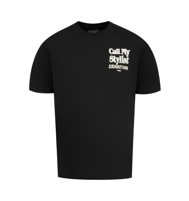 Image 1 of 2 - BLACK - MARKET X HIRSHLEIFERS Call My Stylist T-Short featuring short sleeves, crewneck and graphic print on front and back. Cotton.
