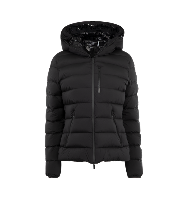 Image 1 of 3 - BLACK - Moncler Quilted Herbe Jacket has a 2 way zip front closure, fixes hood, banded cuffs, and front zip pockets. Lined. 85% polyamide, 15% elastane. Made in Romania.