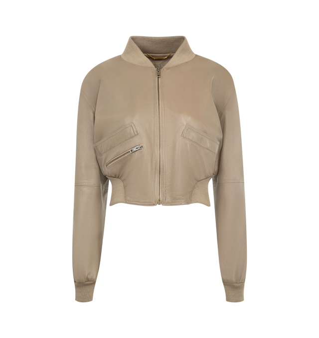 Image 1 of 3 - BROWN - CHLOE Crop Leather Bomber Jacket featuring strong padded shoulders, cropped silhouette, supple leather trimmed with wool-blend ribbing, diagonal zip and welt pockets, front zip closure, blade collar and cupro lining. Leather with 93% wool, 5% polyamide, 2% elastane rib trim. Made in Italy.