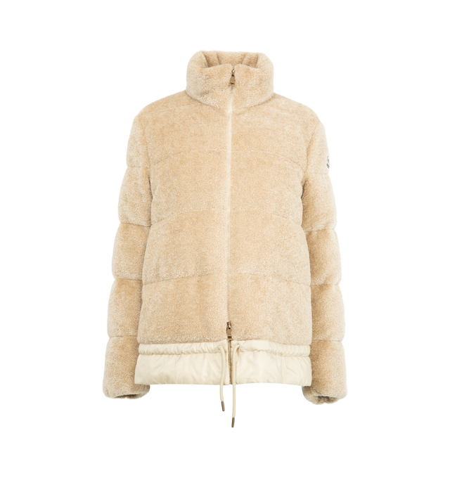 Image 1 of 3 - NEUTRAL - MONCLER Cedre Teddy Short Down Jacket featuring teddy fleece, longue saison lining, down-filled, stand collar, zipper closure, side pockets and longue saison hem with drawstring fastening. 60% acrylic, 40% cotton. Lining: 100% polyamide/nylon. Made in Romania.