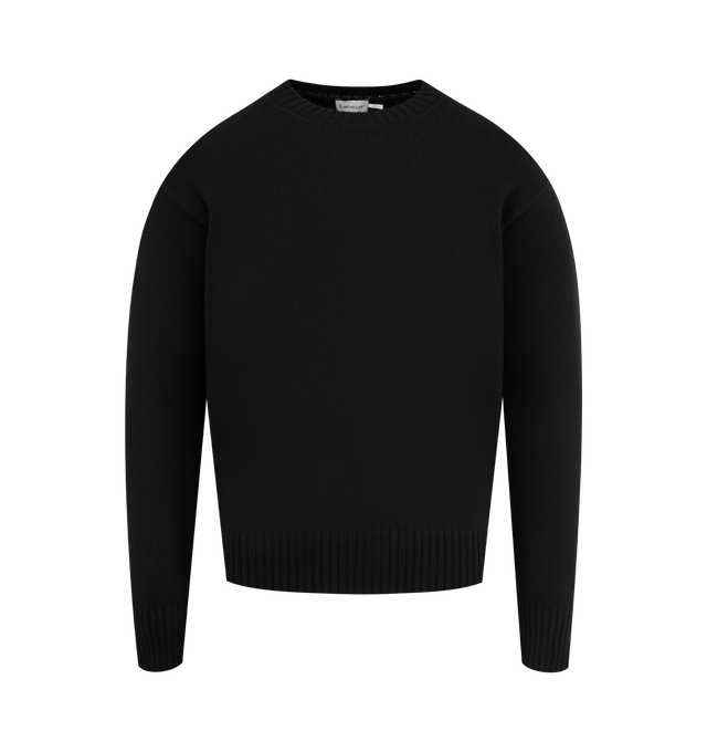 Image 1 of 3 - BLACK - MONCLER Wool & Cashmere Sweater featuring a wool and cashmere blend, crew neck, stockinette stitch, gauge 5 and leather logo patch. 90% virgin wool, 10% cashmere.