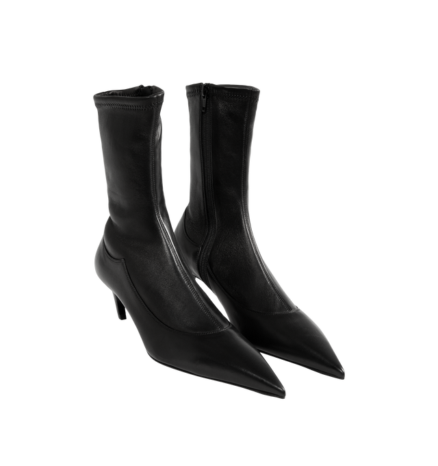 Image 2 of 4 - BLACK - Khaite Women's Valerie Mid-Calf Boots are crafted from black stretch nappa lambskin selected for its soft patina and flexibility. The close-fitting silhouette features an elongated pointed toe, sculpted lines, a curved heel integrated into the leather sole, and a side zipper closure. Upper: 100% Lambskin. Sole: 100% Calfskin. Heel Height: 5.5 cm / 2.2 in. Made in Italy.