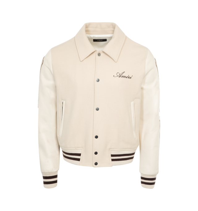 Image 1 of 2 - WHITE - AMIRI Bones Jacket featuring contrast leather sleeves, welt zipper pockets, banded rib accents, classic snap front closure and embroidered Amiri script logo at chest. Wool/leather/viscose. Made in Italy.  