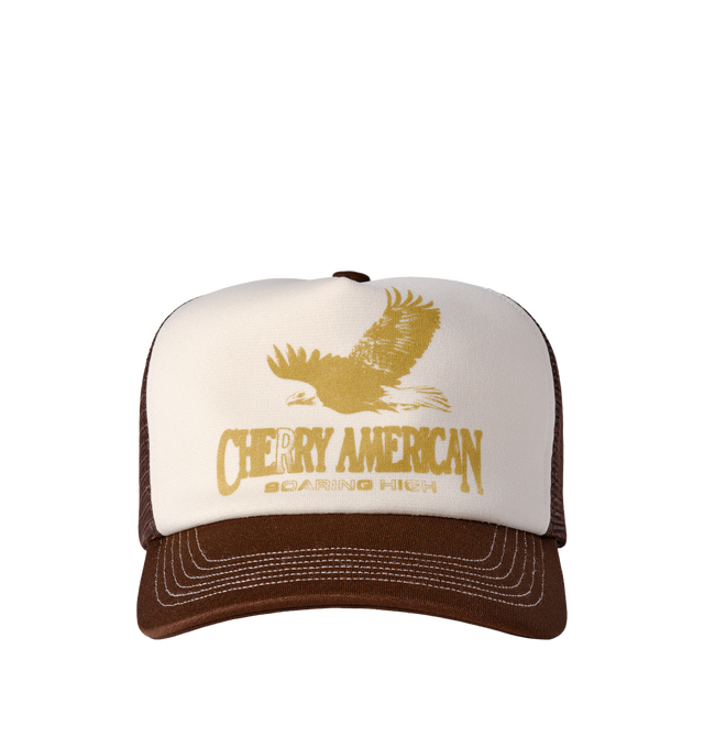 Image 1 of 7 - BROWN - Cherry LA Golden Eagle Trucker Hat is crafted from polyester and features a classic trucker silhouette with a screen-printed Golden Eagle graphic at the front and embroidered detailing at the back. Main Material: Polyester. Fit: Adjustable. Closure: Plastic Snapback Closure. Made in Los Angeles, California.