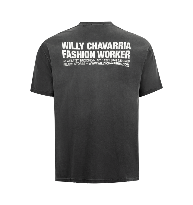 Image 2 of 2 - BLACK - WILLY CHAVARRIA Fashion Worker Tee featuring an oversized boxy fit, drop shoulder design, short sleeves, chest patch pocket and graphic text on front and back. 100% cotton.