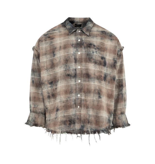Image 1 of 2 - BROWN - R13 Shredded Seam Drop Neck Shirt featuring cotton gauze shirt, frayed edges, paint splatter, check pattern throughout, spread collar, button closure, patch pocket at chest, droptail hem, dropped shoulders and buttoned barrel cuffs. 100% cotton. Made in Italy.