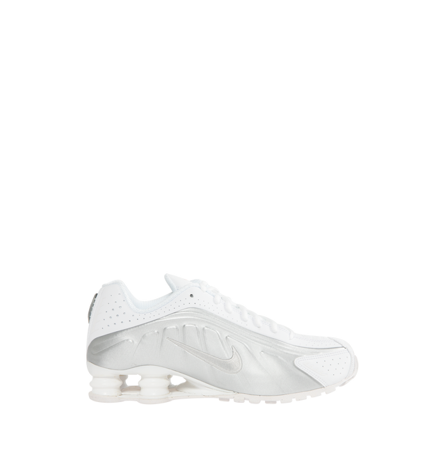 Image 1 of 5 - WHITE - NIKE Shox R4 Sneaker featuring Shox columns in the heel, synthetic and textile upper, Nike Shox technology, modified, circular Waffle outsole, laser perforations throughout, foam midsole and rubber outsole.