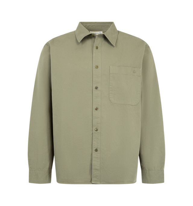 Image 1 of 2 - GREEN - Merz b. Schwanen Men's Cotton Herringbone Long Sleeve Shirt is crafted from organic cotton herringbone fabric and features a classic shirt collar, a chest pocket with tonal swan embroidery, tonal corozo fisheye button closures, and signature triangle inserts under the arms. Main Material: 100% Organic Cotton.