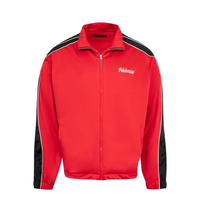 Image 1 of 3 - RED - NAHMIAS Zip Up Track Jacket featuring zip up front closure, side pockets, logo on chest and stripe down sleeves. 100% nylon.