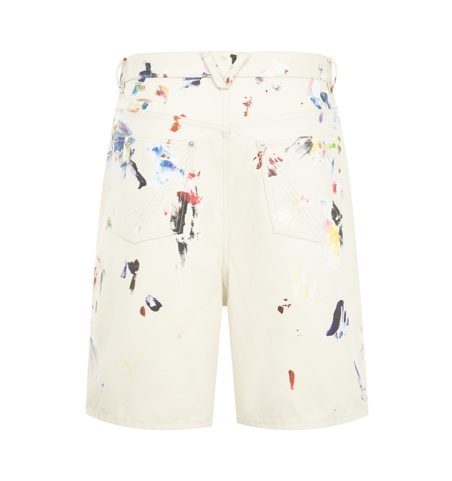 Image 2 of 3 - MULTI - Bottega Veneta Men's Paint Splatter Shorts are crafted from 100% cotton canvas material and feature an allover paint splatter motif that coordinates with a matching shirt. Designed in a clean, tailored silhouette, these shorts feature a button closure, belt loops, side pockets, and back welt pockets. Main Material: 100% Cotton. Closure: Button and Zip Fly. Pockets: Side Pockets, Back Welt Pockets. Made in Italy.