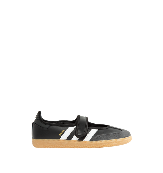 Image 1 of 5 - BLACK - Adidas Women's Samba Jane Shoes are crafted from smooth leather and feature a modern Mary Jane-inspired interpretation of the iconic Samba silhouette. Designed with signature serrated 3-Stripes, a low-profile shape, satin lining, and a gum rubber outsole, this style blends the heritage of the original indoor trainer with a contemporary everyday aesthetic.