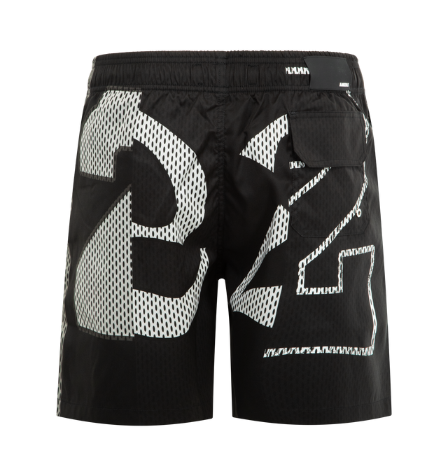 Image 2 of 3 - BLACK - AMIRI Spliced Swim Trunk featuring spliced treatment, side seam pockets, elastic waistband with drawcord and back flap pocket. 100% polyester.
