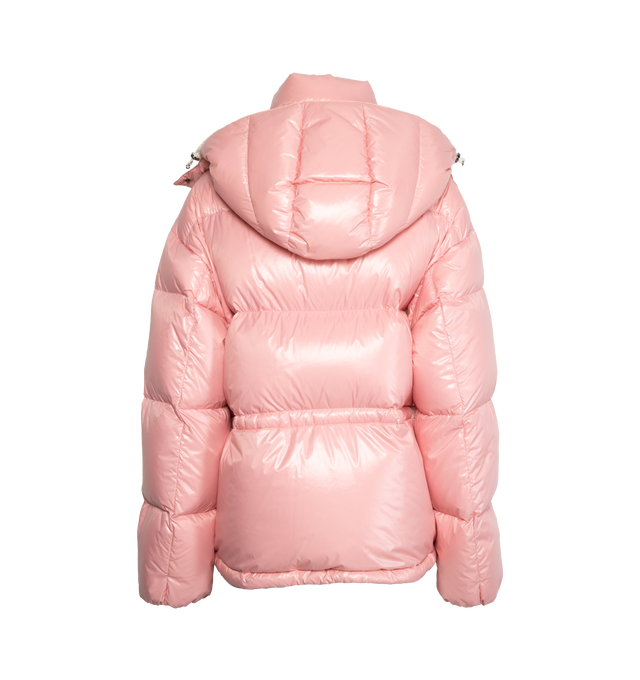Image 2 of 3 - PINK - MONCLER Abbaye Short Down Jacket featuring recycled nylon laqu lining, down-filled, detachable hood, interior in contrasting colour, zip and snap button closure, zipped pocket and terry stitch Moncler embroidery. 100% polyamide/nylon. Padding: 90% down, 10% feather. Made in Romania. 