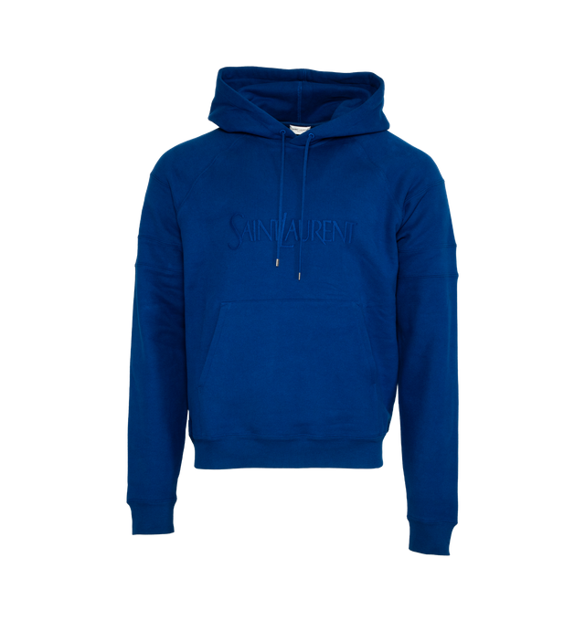 Image 1 of 3 - BLUE - SAINT LAURENT EMBROIDERED FLEECE HOODIE MADE WITH ORGANIC COTTON, FEATURING RAGLAN SLEEVES, A KANGAROO POCKET, RIB-KNIT CUFFS AND HEM AND TONAL SAINT LAURENT EMBROIDERY ON THE CHEST.  100% ORGANIC COTTON.  MADE IN FRANCE. 