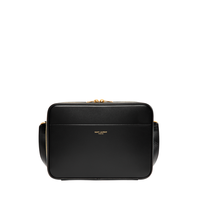 Image 1 of 3 - BLACK - Saint Laurent Men's small everyday case lined in tonal leather, featuring a flat front pocket with debossed SAINT LAURENT PARIS signature. An adjustable strap provides bespoke carry options. Featuring leather lining, bronze-tone hardware, two-way zip closure, one large flat pocket, one flat front pocket and adjustable strap. Measures 8.3" x 6.3" x 2.4" inches with 20.1" handle drop. Calfskin. Made in Italy.