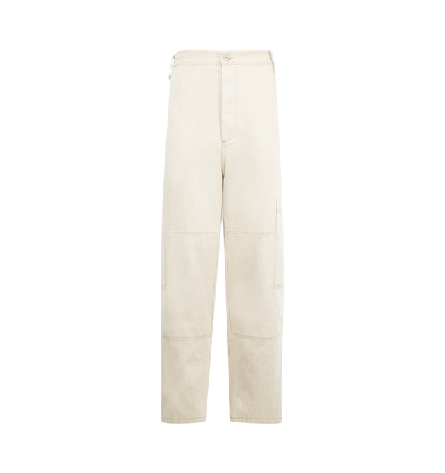 Image 1 of 3 - WHITE - JACQUEMUS Carr de-Nmes Denim Cargo Pants featuring high-rise, soft cotton-hemp denim, belt loops, engraved metal button fly, slant pockets, wide straight legs, reinforcement stitching around the knee, side patch pockets, embroidered patch on the back, back patch pockets with laser-printed logo and contrast topstitching. 80% cotton, 20% hemp. Lining: 65% polyester, 35% cotton. Made in Portugal.