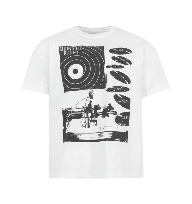 Image 1 of 2 - WHITE - MIDNIGHT RODEO Record Tee featuring short sleeves, crew neck, front and back graphic logo detail and lightweight jersey fabric. 100% cotton. Made in USA.