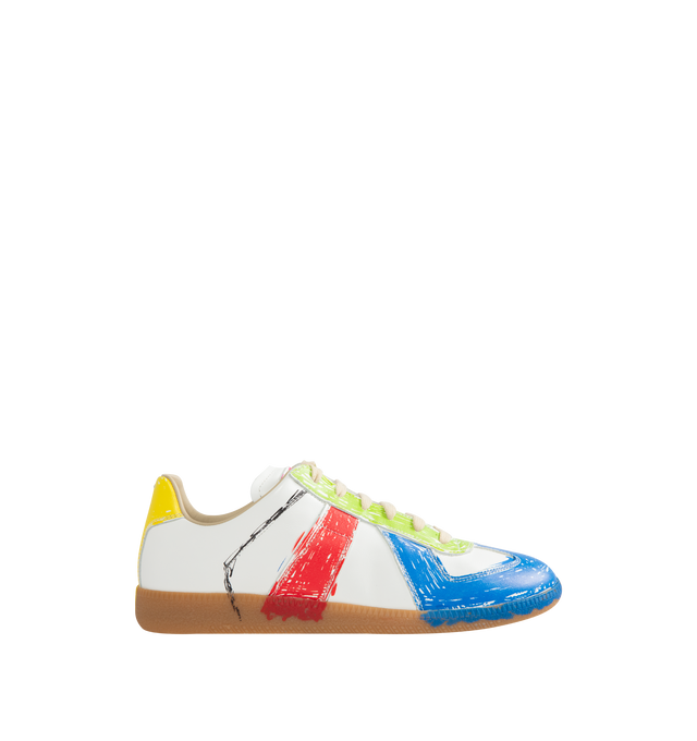 Image 1 of 5 - MULTI - Maison Margiela Men's Replica Paint-Splatter Sneakers are crafted from calf leather and feature a paint-splatter effect. Designed with a round toe and lace-up fastening, they are finished with a logo-print tongue, the signature single-stitch detail at the rear, and a flat gum-rubber sole. Main Material: 100% Calf Leather. Lining: 100% Calf Leather. Sole: 100% Rubber. Made in Italy.