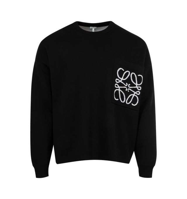 Image 1 of 2 - BLACK - LOEWE Anagram Pocket Sweater in cotton blend featuring medium-weight cotton blend, an Anagram intarsia on chest patch pocket, relaxed fit, regular length, double face stitch, round neck, ribbed collar and cuffs and self-start hem. Cotton/viscose. Made in Italy.