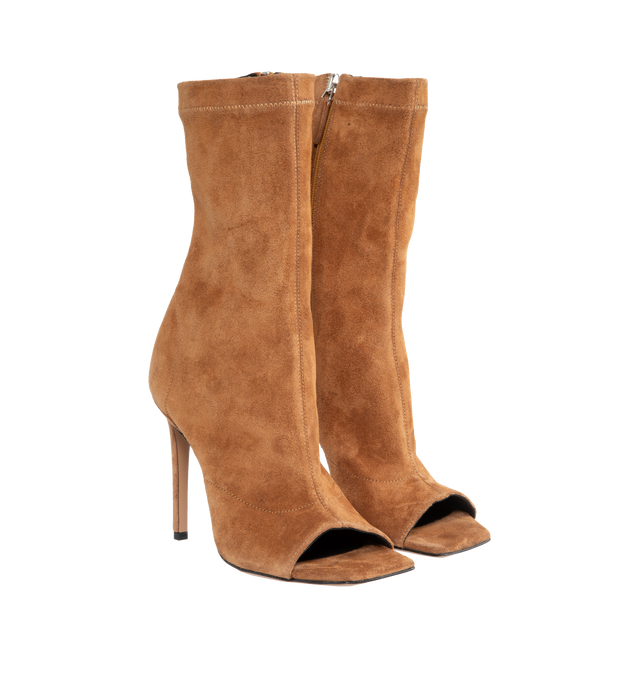 Image 2 of 4 - BROWN - PARIS TEXAS Amanda Calf Suede Stretch Ankle Boots featuring open square toe, elasticized sock-style collar, zip closure at inner side, bonded jersey lining, croc-embossed stiletto heel, rubber injection at heel and leather sole. 4". Leather. Sole: leather, rubber. Made in Italy. 