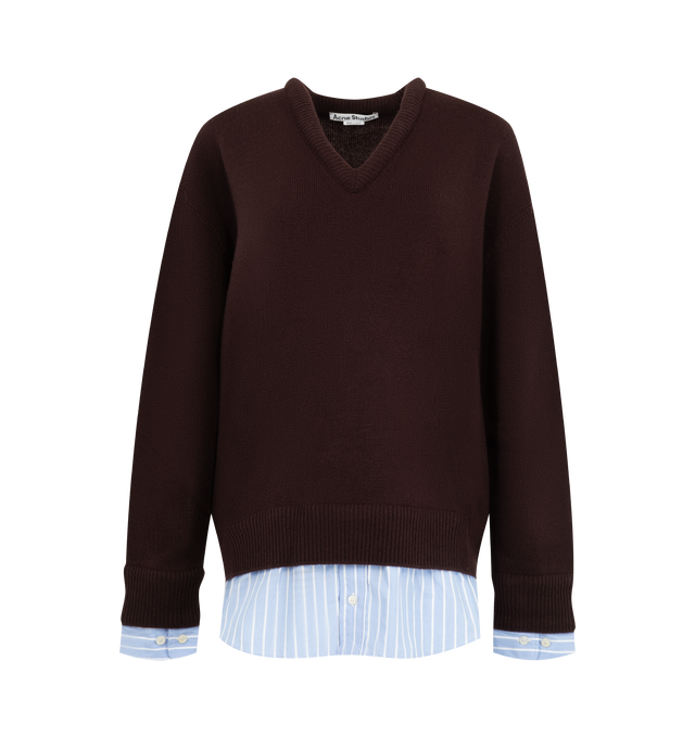 Image 1 of 2 - BROWN - Acne Studios Women's Layered Wool Sweater is crafted from wool and features a distinctive 3D V-neckline with layered shirting details at the cuffs and hem. Cut to a regular fit with a below-waist length, the sweater is finished with tonal leather elbow patches and embroidered Acne Studios initials above the hem, blending classic tailoring influences with the brand's contemporary aesthetic. Main Material: 100% Wool. Contrast: 100% Cotton. Fit: Regular Fit. Length: Below-Waist. Neckline