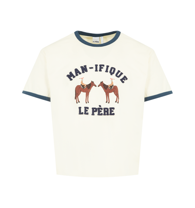 Image 1 of 2 - WHITE - LE PERE MAN-IFIQUE Ringer T-Shirt featuring collegiate, and nostalgic graphic on front, short sleeves, crew neck and contrasting trim. 100% cotton. Made in Portugal.