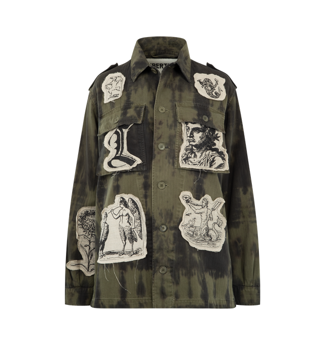 Image 1 of 2 - GREEN - LIBERTINE Vintage French Military Jacket featuring relaxed fit, shoulder epaulets, front button closure and chest pockets. 100% cotton. Made in USA.