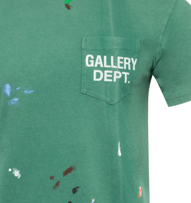 Image 2 of 2 - GREEN - GALLERY DEPT. Vintage Logo Tee featuring boxy fit with understated ribbed accents at the neckline and cuffs, faded screen-printed logo on both front and back along with paint splatter. 100% cotton. 