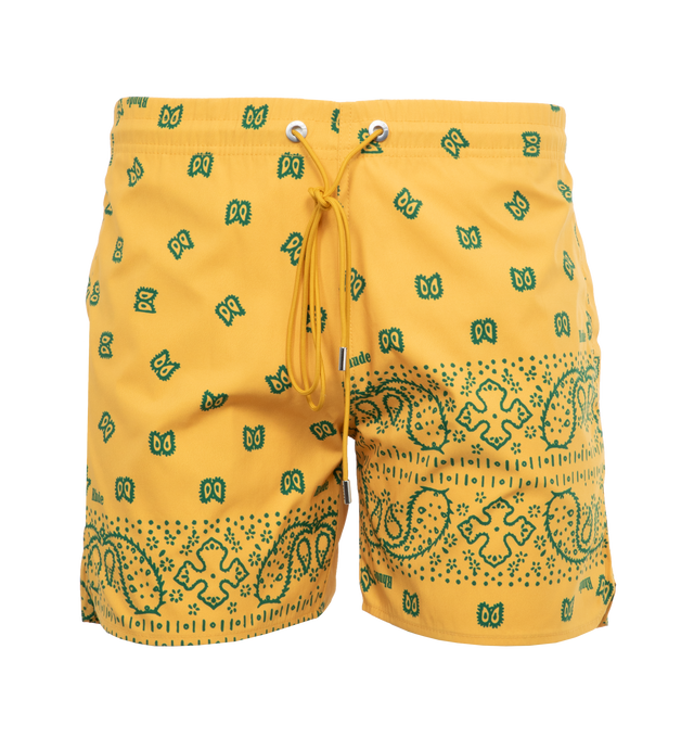 Image 1 of 4 - YELLOW - RHUDE Bandana Swim Short featuring pull-on styling with elastic waistband and front drawstring tie closure, mesh brief lining, 3-pocket styling and lightweight ripstop fabric. 100% polyester. Lining: 85% nylon, 15% spandex. 