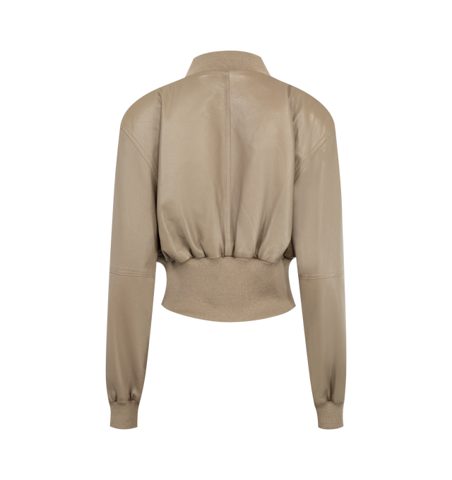 Image 2 of 3 - BROWN - CHLOE Crop Leather Bomber Jacket featuring strong padded shoulders, cropped silhouette, supple leather trimmed with wool-blend ribbing, diagonal zip and welt pockets, front zip closure, blade collar and cupro lining. Leather with 93% wool, 5% polyamide, 2% elastane rib trim. Made in Italy.