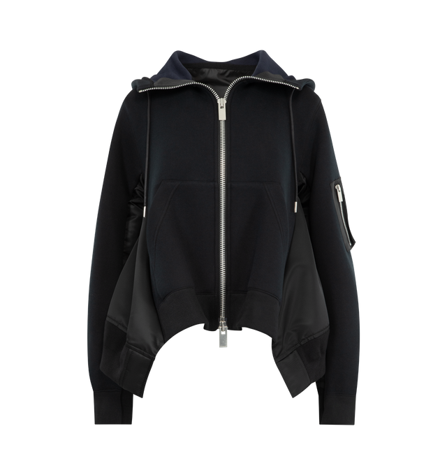 Image 1 of 3 - BLACK - SACAI Sponge Sweat x Nylon Twill Hoodie featuring a cotton-blend jersey bodice, zip-up design, technical sleeve-like details, two-way zipped front, kangaroo pocket and drawstring hood. 62% cotton, 38% polyester. 100% nylon. 100% cotton. Made in Japan.