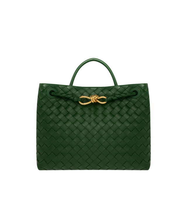 Image 1 of 4 - GREEN - BOTTEGA VENETA Andiamo Bag featuring top handle bag in supple Intrecciato leather with signature knot detail, sliding cross-body strap, compartmented interior with one zippered pocket, two open pockets and magnetic closure. 9.8 x 12.6 x 4.3. Lambskin. Made in Italy. This item may be restricted for online purchase to international clients. For assistance purchasing this item please contact our dedicated stylist team at personalshopping@hirshleifers.com.