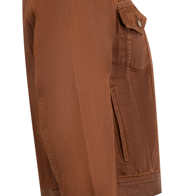 Image 3 of 3 - BROWN - MIDNIGHT RODEO Coated Denim Trucker Jacket featuring a waxed coating, slim fit, cropped, tonal branding at the back yoke, front button closure, spread collar, button cuffs, chest button-flap pockets, front welt pockets and adjustable button side tabs. 100% cotton.