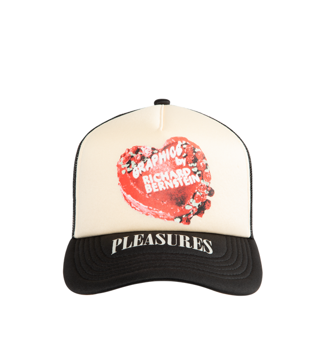 Image 1 of 2 - BLACK - PLEASURES Cake Trucker Hat featuring foam A-frame crown, mesh panels, snapback closure, printed graphic on front and printed wordmark on top visor. 57% polyester, 43% nylon.