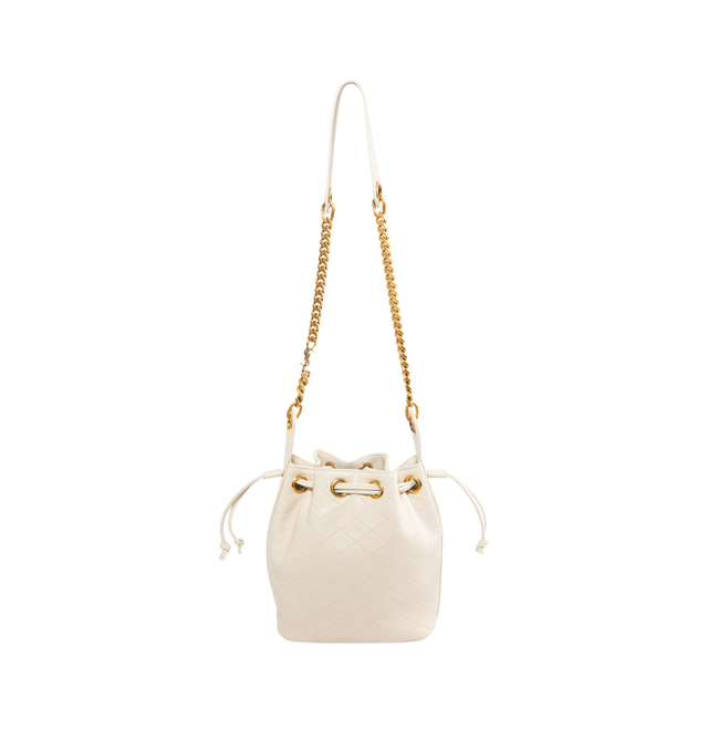 Image 1 of 3 - WHITE - SAINT LAURENT Chain Bucket Bag in quilted lambskin featuring a jewelry chain strap for shoulder carry, leather lining, bronze-tone hardware and drawstring closure. 6.3" x 7.1" x 3.9". Strap drop: 15.7". Lambskin. Made in Italy.