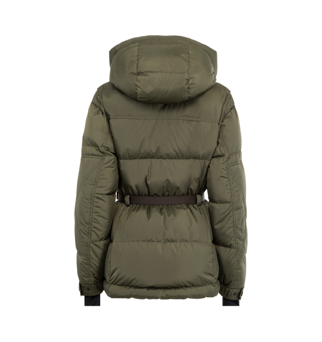 Image 2 of 3 - GREEN - MONCLER GRENOBLE Salastrains Belted Down Ski Jacket featuring 2L technical nylon, micro ripstop lining, down-filled, adjustable hood with fleece lining, YKK AquaGuard Highly Water-Resistant zipper closure, pockets with YKK AquaGuard Highly Water-Resistant zipper closure, inner media pocket with YKK AquaGuard Highly Water-Resistant zipper closure, ski pass pocket with YKK AquaGuard Highly Water-Resistant zipper closure, detachable belt with leather details and glove carabiner, stretch