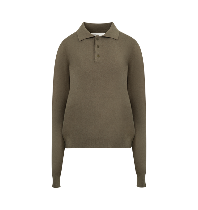 Image 1 of 2 - GREEN - EXTREME CASHMERE Be For Sweater featuring reinvented classic polo-neck cashmere sweater with three buttons to close, rib knitted at neck, cuffs and hem and long sleeves. 89% cashmere, 10% nylon, 1% elastane.