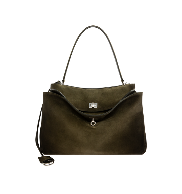 Image 1 of 3 - GREEN - BALENCIAGA Rodeo Handbag Medium in waxed suede calfskin and smooth calfskin featuring one handle, removable shoulder strap, removable cloche cls with two split rings, aged-silver hardware, turn lock closure, wide front pocket, 1 main compartment, 1 inner zipped pocket, 2 flat pockets at back, side snaps, 4 brass feet and nappa lambskin lining. L13.8 x H9.2 x W4.3 inch. Calfskin. Made in Italy.