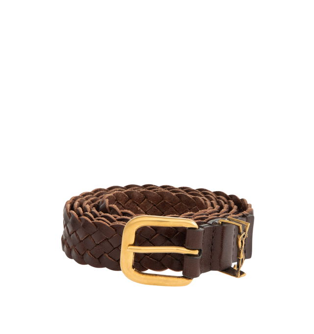Image 1 of 2 - BROWN - SAINT LAURENT Woven Leather Belt featuring woven leather construction, slim silhouette, gold silver-toned buckle and a Cassandre loop. Leather. Lining: suede. Made in Italy.
