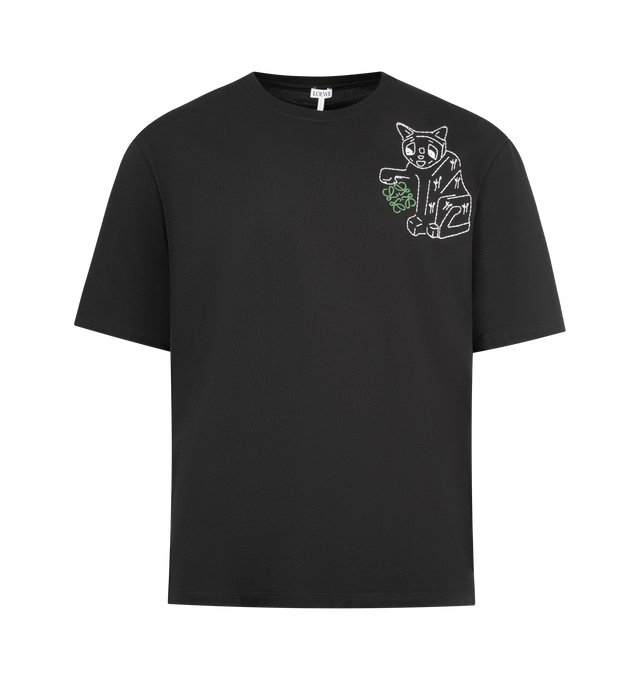 Image 1 of 2 - BLACK - LOEWE Loose fit T-shirt in lightweight cotton featuring a Lucky Cat and Anagram embroidery on the chest, loose fit, regular length, crew neck and ribbed collar. Cotton. Made in Portugal.