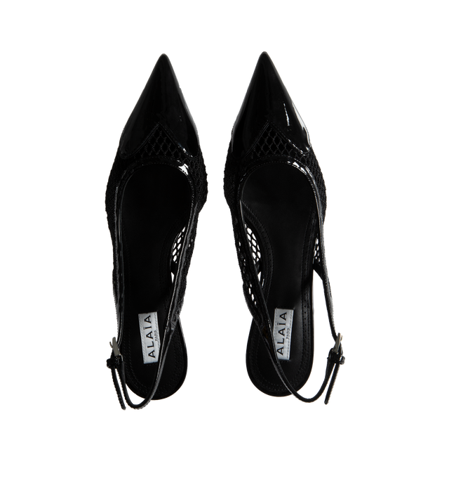 Image 4 of 4 - BLACK - ALAA Le Coeur 55 Mesh and Patent Leather Slingback Pumps featuring buckle-fastening slingback strap, pointed toe, mesh and patent-leather and kitten heel. 55MM. 