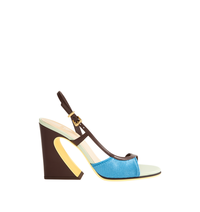 Image 1 of 4 - MULTI - FENDI Arco Pump featuring asymmetric sandal with wide heel iconic Arco shape, two-tone rubber sole with FF design, rubber heel sole, metal detail on the heel and engraved Fendi logo. 95mm heel. 75% polyester, 23% polyamide. Made in Italy.