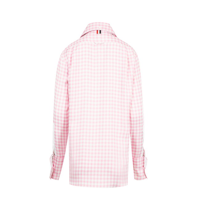 Image 3 of 3 - PINK - THOM BROWNE Gingham Shirt featuring removable collars and cuffs, front button closure, name tag applique, pleated back yoke with locker loop and signature striped grosgrain loop tab. 100% silk. Made in Italy.