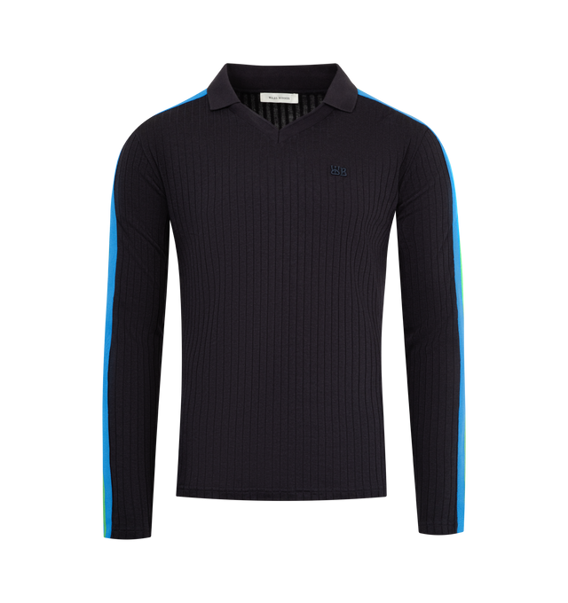 Image 1 of 3 - NAVY - WALES BONNER Roots Polo Sweater featuring a soft, ribbed-knit fabric with a smart polo collar, accented with stripe detailing along the arms and subtle logo embroidery. 64% lyocell, 31.5% cotton (organic), 4.5% elastane. Made in Portugal.