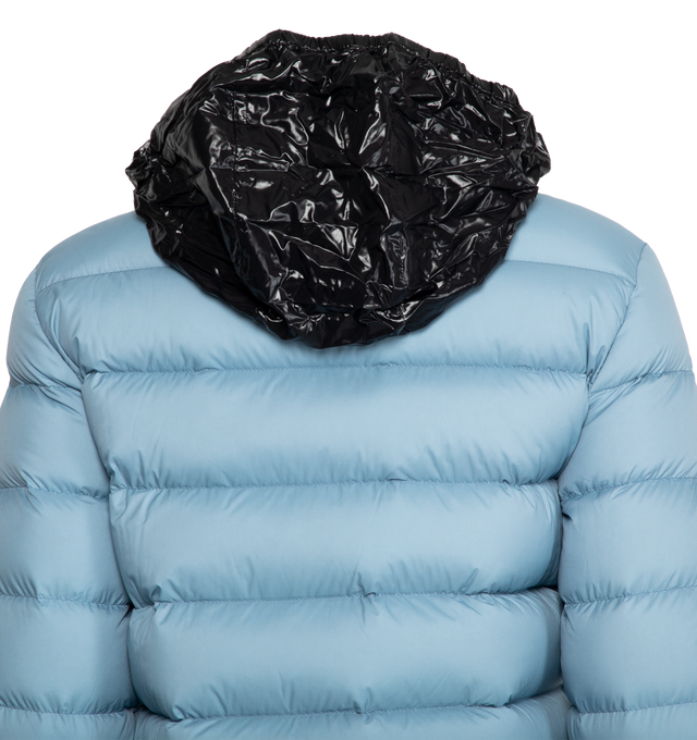 Image 3 of 3 - BLUE - MONCLER Cerces Short Down Jacket featuring nylon laqu lining, down-filled, hood, zip closure, zipped pockets, back loop, logo print and silicone matte logo. 100% polyamide/nylon. Padding: 90% down, 10% feather. 