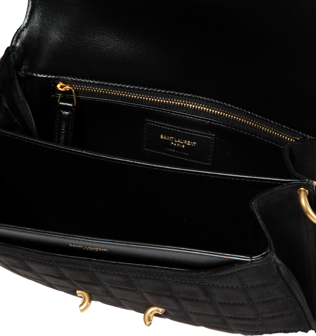 Image 3 of 3 - BLACK - SAINT LAURENT Le Maillon Satchel in quilted nubuck suede with a front flap featuring a magnetic curb-link chain detail. 9.4 X 5.5 X 2.4 inches. Strap drop: 20cm. 90% calfskin leather, 10% metal. Made in Italy.  
