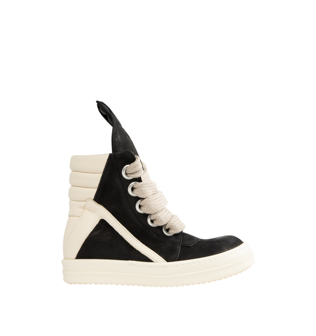 Image 1 of 5 - BLACK - RICK OWENS Jumbolace Geobasket Sneakers featuring high-top LWG-certified buffed leather sneakers, perforated detailing at toe, lace-up closure, pull-loop at extended padded tongue, padded collar, zip closure at inner side, buffed calfskin lining and treaded rubber sole. Upper: leather. Sole: rubber. Made in Italy.