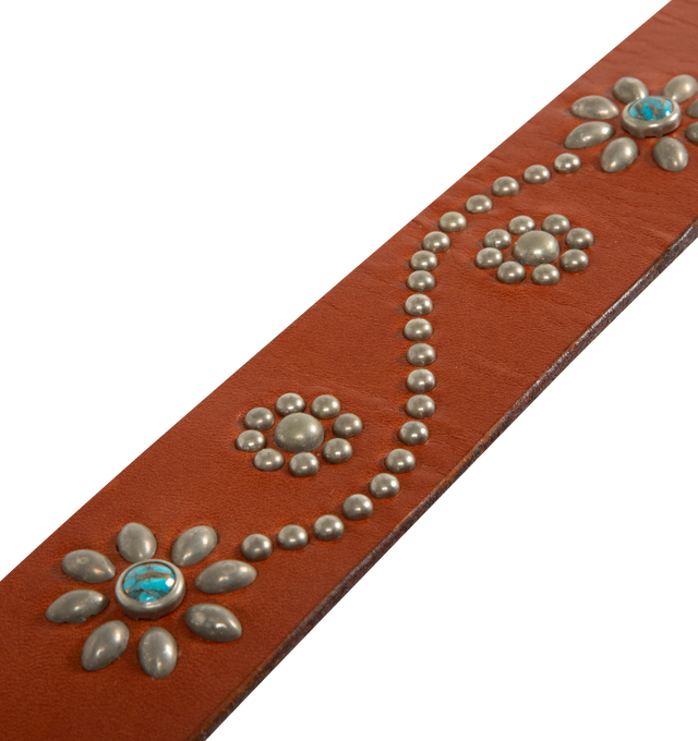 Image 3 of 3 - BROWN - FULLCOUNT Turquoise Flower Studs Belt by Zip Stevenson HTC featuring a handmade studded belt made of real turquoise, flower motif pattern arranged in a simple design that highlights the beauty of the turquoise, width is 44mm and has a square garrison buckle.