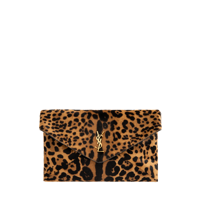 Image 1 of 3 - BROWN - SAINT LAURENT Large Pony Hair Chain Pouch in leopard-print pony hair leather, logo on front, stowable cable-chain strap, leather lining, bronze-tone hardware, snap-button closure and one zip pocket. 11.6" x 7" x 2". Calfskin leather. Made in Italy.